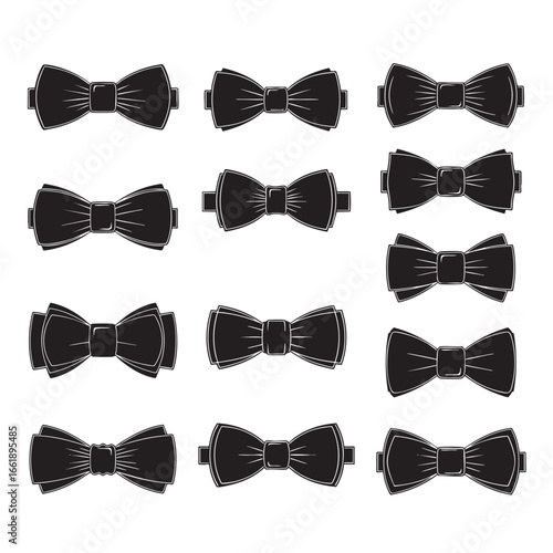 Collection of twelve black silhouette bow tie neckties with detailed folds and lines