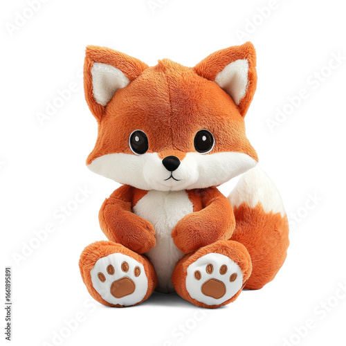 A cute, orange and white plush fox sitting on a transparent background