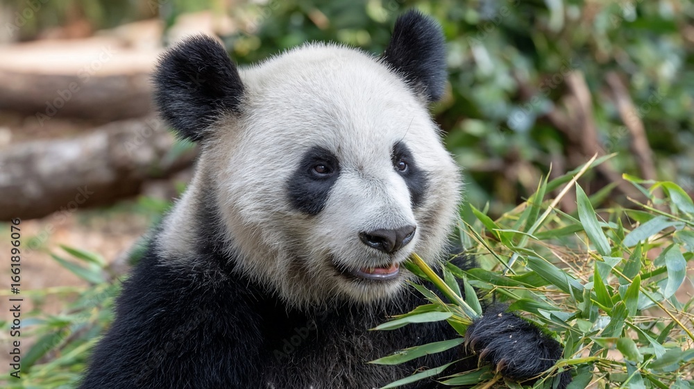 Obraz premium Young Panda Bear Eating Bamboo in Natural Forest Setting