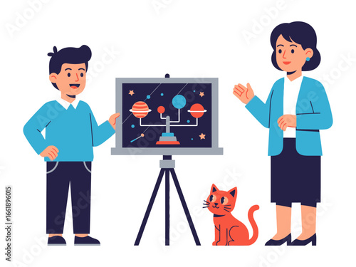 Solar System Exploration: An educator and a student in an engaging session, delving into the wonders of the cosmos with a solar system model, accompanied by an adorable feline companion.