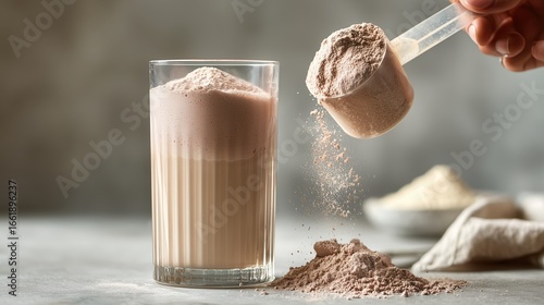 Glass of chocolate protein shake with powdered supplement being poured from a scoop, showcasing healthy nutrition and fitness lifestyle in a modern kitchen setting