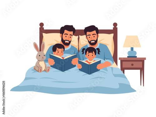 Bedtime Story with Family: A heartwarming illustration depicts a family sharing a precious moment, cuddled together in bed.
