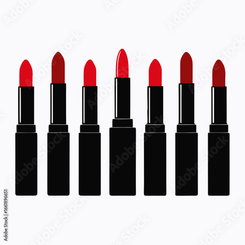 A row of red lipsticks in black cases on a white background