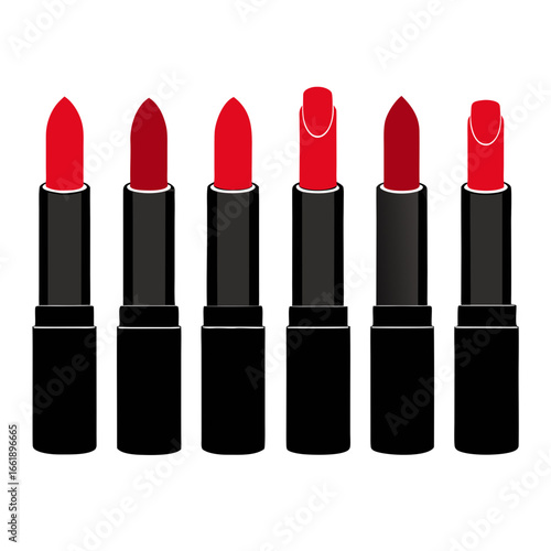 Collection of six red lipsticks with different tip shapes and shades