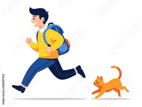 Man with a Running Cat: A lively depiction of a young man joyfully running with his playful ginger cat. The illustration captures the essence of outdoor fun, companionship, and youthful energy.