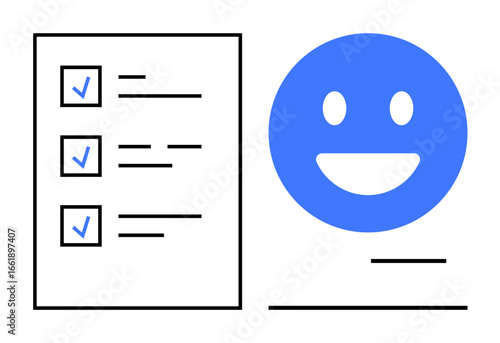Checklist with three marked tasks and blue smiling face icon suggesting satisfaction and success. Ideal for productivity, organization, task management, user feedback, positivity, self-improvement