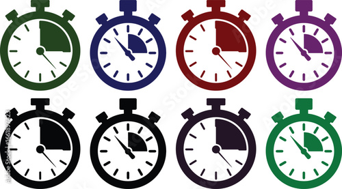 Collection of colorful stopwatch icons representing different time intervals and countdowns