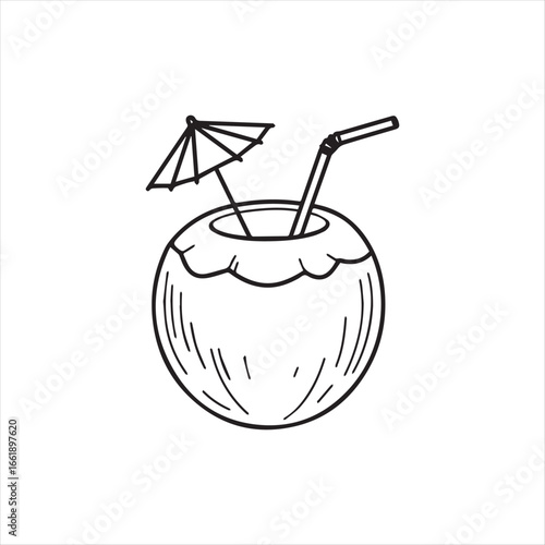 A Refreshing Coconut Drink Featuring a Straw and Festive Umbrella, Ideal for a Tropical Escape or Summer Celebration
