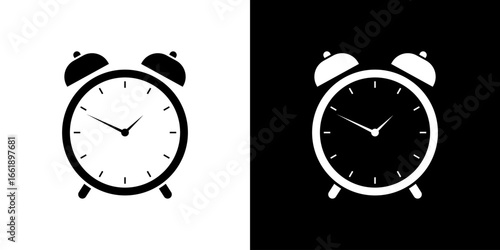 Two simple alarm clock icons show different styles. One clock has a black outline with a white background, and the other is the opposite.