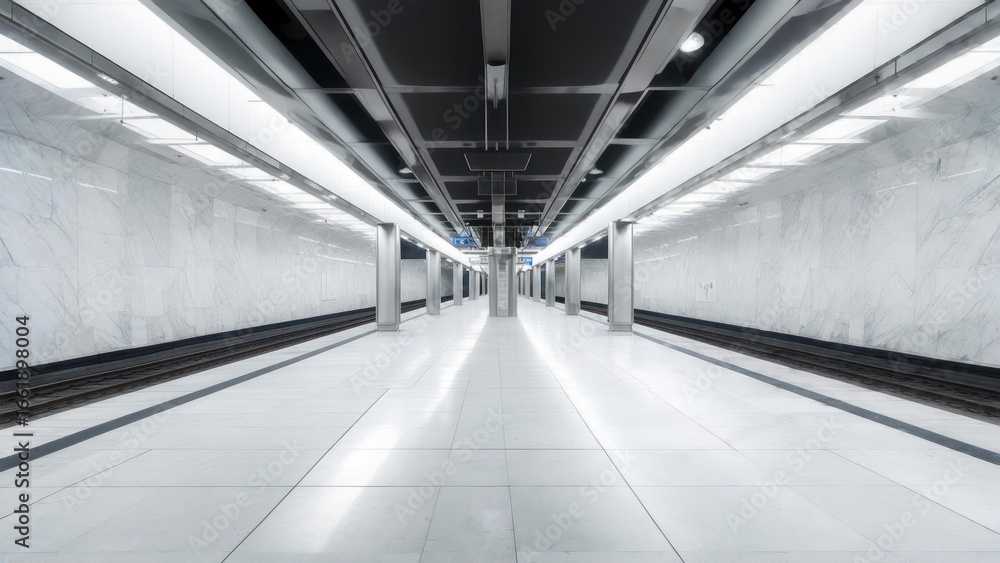 Obraz premium Futuristic Passage: Symmetrical View of a Gleaming Marble Subway Platform