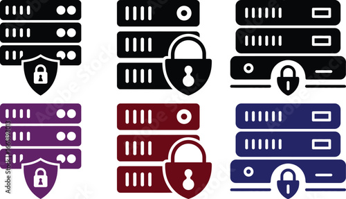 Secure server racks with padlock and shield icons representing data protection