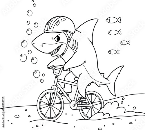 Funny cartoon shark with a helmet riding a bicycle underwater on the seabed. Vector line art for a children's coloring book page.