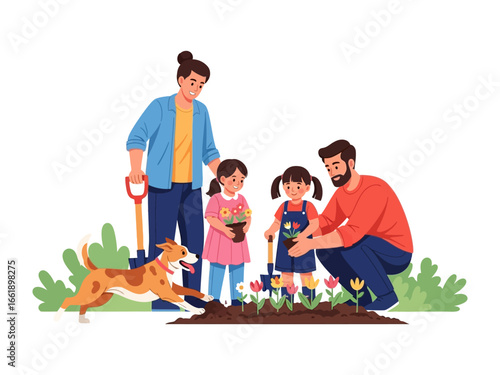 Family Gardening: A heartwarming illustration captures a family, including the presence of a playful canine, immersed in the joys of gardening, sowing seeds of joy and togetherness. 