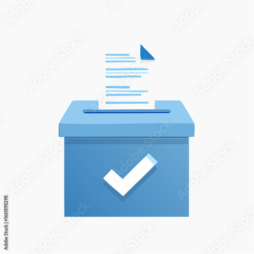 Ballot paper being deposited into a blue ballot box, signifying a vote cast and democratic process.