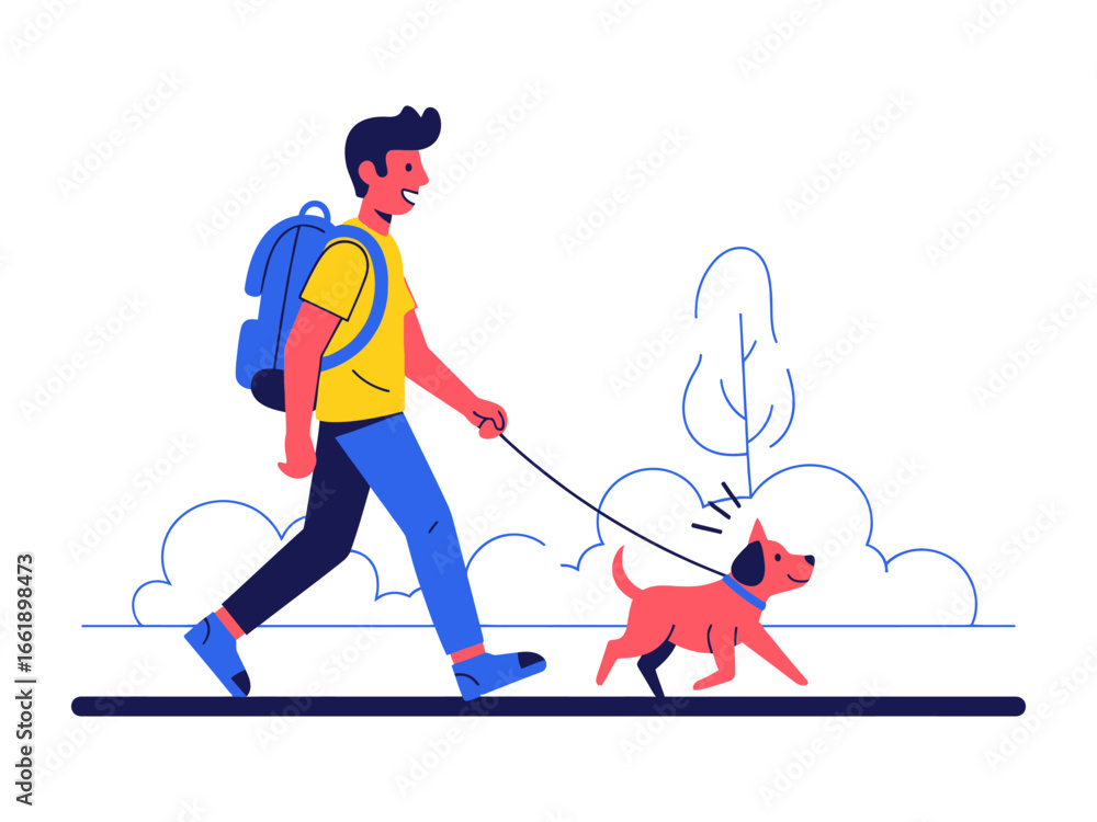 Fototapeta premium Joyful Walk: A person strolling with a cheerful dog in the park, experiencing pure happiness in a lively and vibrant illustration.