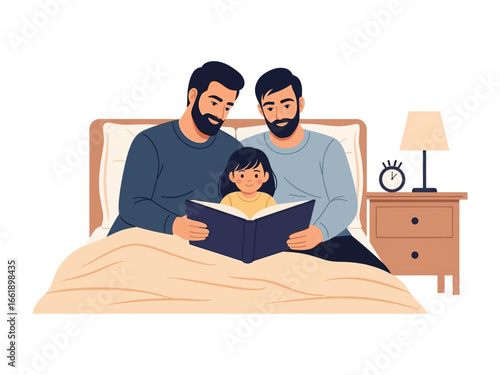 Family Bedtime Story: Two fathers and a child are immersed in a cozy moment of reading, bathed in the soft glow of a bedside lamp. The scene captures a heartwarming bond of parenthood and love.