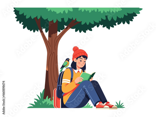 Solitude Under The Shade: A serene young woman, immersed in a book beneath the cool embrace of a leafy tree, finds solace as her colorful avian companion surveys the scene with playful curiosity. 