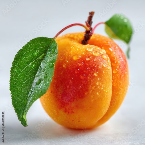 A single, ripe apricot with dew drops, adorned by two vibrant green leaves and a stem, rests on a light gray surface