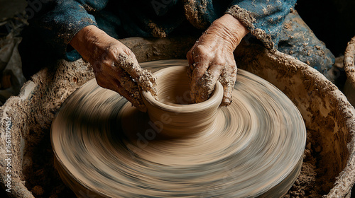 A view looking down onto a clay pot being turned on a potter's wheel with hands