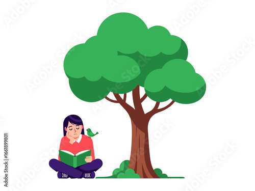 Tranquil Reading Under the Shade: A young individual finds solace in reading beneath a grand tree, a tiny avian companion perched nearby, embodying serenity and the simple joys of nature. 