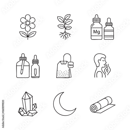 Wellness and Alternative Medicine Icons Featuring Crystals, Herbs, and Relaxation health natural