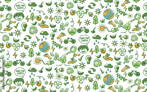 Hand drawn ecologoly doodle and nature hapy earth day protection with color seamless pattern