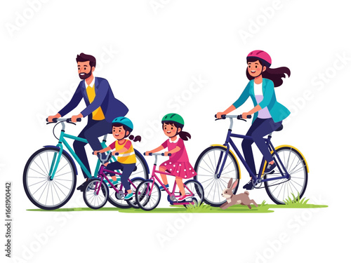 Family Cycling Adventure: A cheerful family of four, each member on a bicycle, rides together, capturing a moment of outdoor fun, health and unity.