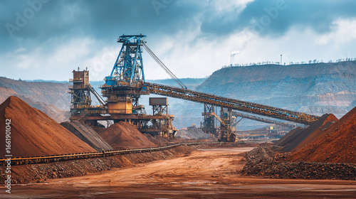Industrial mining operations with conveyor belts and machinery in action on construction site for material extraction and processing during daytime work