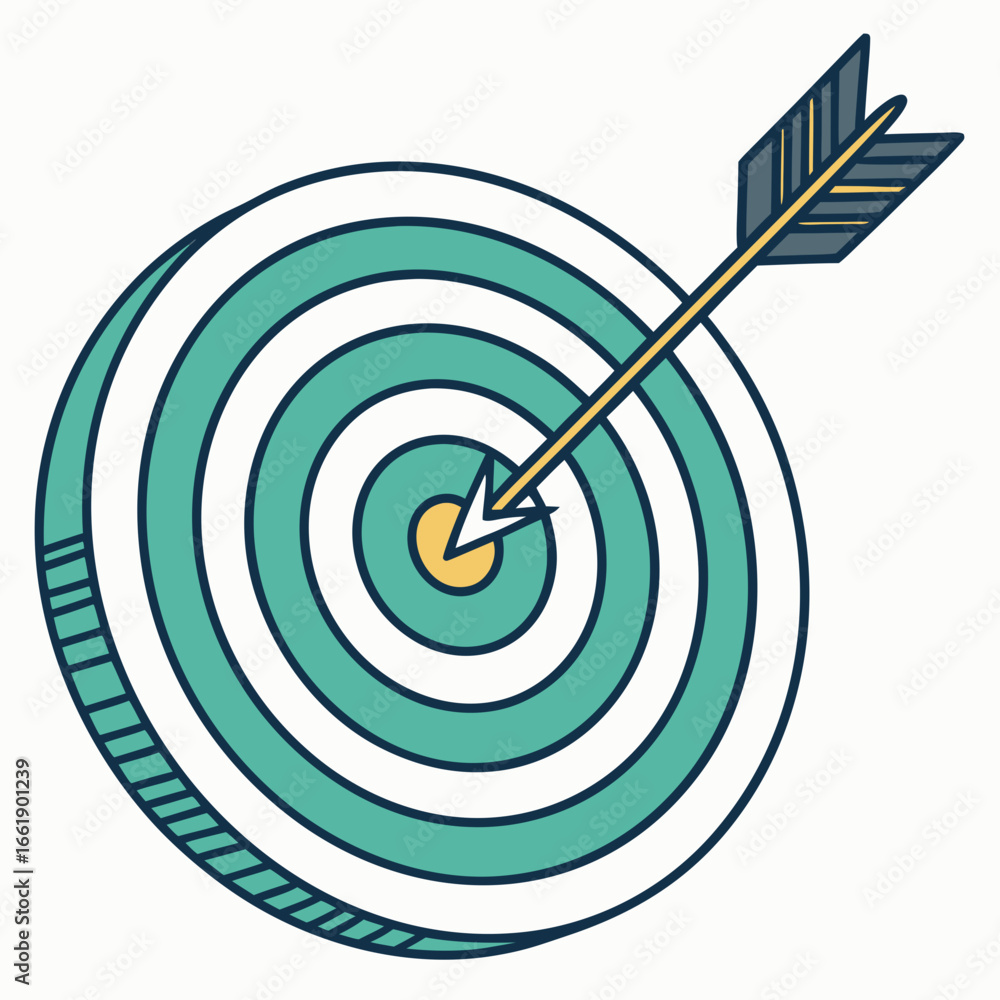 Vector art of an arrow hitting the bullseye of a target, symbolizing success, achievement, and strategic focus on Vector art of an arrow hitting the bullseye of a target, symbolizing success, achievement, and strategic focus on