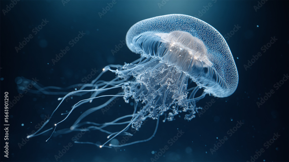 Obraz premium Translucent Jellyfish with Glowing Tentacles in Dark Ocean Water