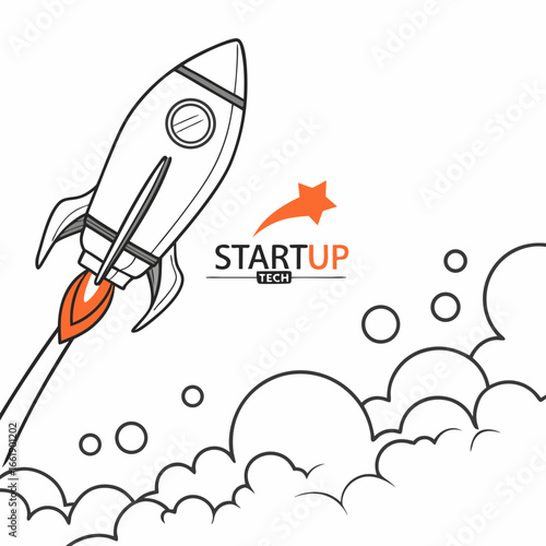 Vector art of a startup tech rocket launching with smoke, symbolizing business innovation and growth