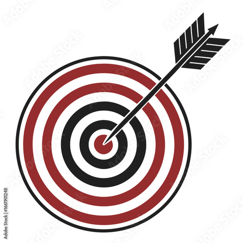 Vector art of arrow hitting the center of a target, representing goal achievement, success, and strategic focus
