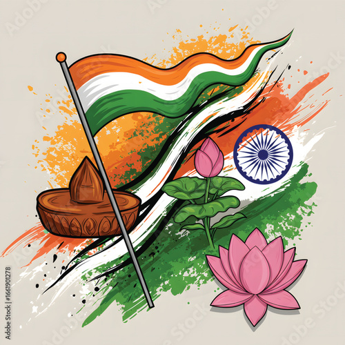 Vibrant illustration of Indian national symbols including a waving flag, lotus flowers, Ashoka Chakra, and a traditional earthenware pot against colorful brushstrokes.