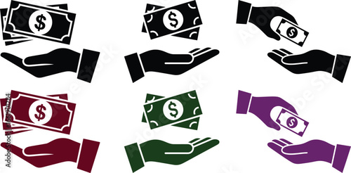 Hands offering and receiving money bills in various colors and styles