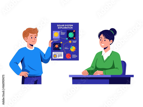 Solar System Exploration: A young student enthusiastically presents a captivating solar system exploration chart to a focused listener, sparking curiosity.