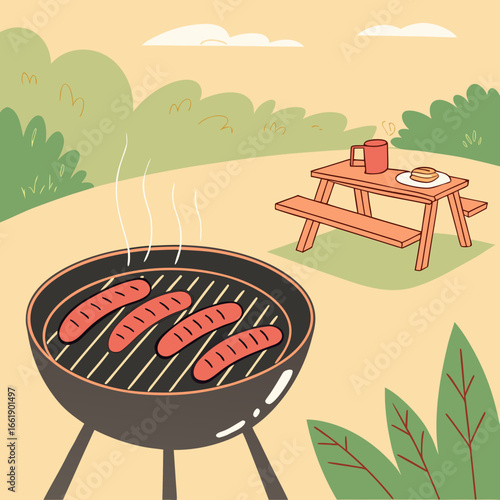 Vector art of outdoor barbecue picnic scene in a park with grill, sausages, and picnic table, perfect for summer parties and gatherings