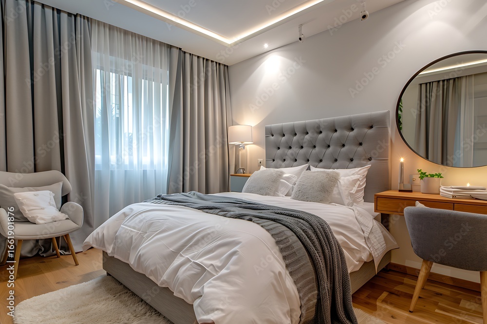 Fototapeta premium Modern Luxury Home Interior Bedroom Design with Mockup Frame , Wall Poster (3d Render)