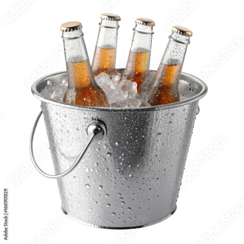 Four cold bottles of beer chilling in a silver metal bucket filled with ice and water isolated on transparent background