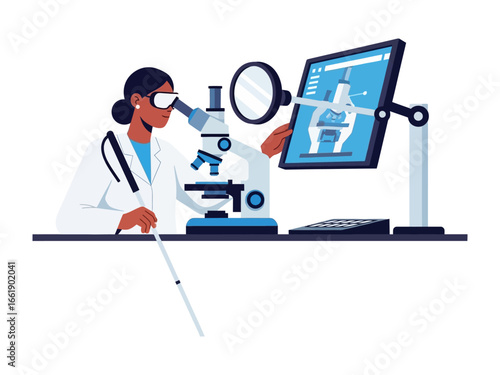 Scientist examining sample in microscope : An intelligent female scientist intently examines a sample under a microscope, surrounded by advanced laboratory equipment.