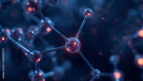 Molecular Structure Illustration with Glowing Particles and Dark Background, Artistic View.