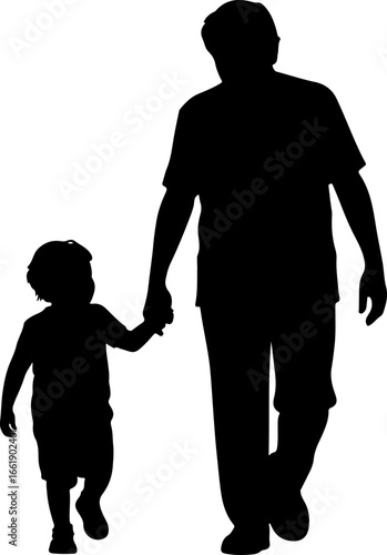 A tender silhouette of a grandparent and grandchild walking hand-in-hand, side by side 
