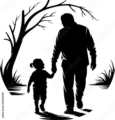 A tender silhouette of a grandparent and grandchild walking hand-in-hand, side by side 