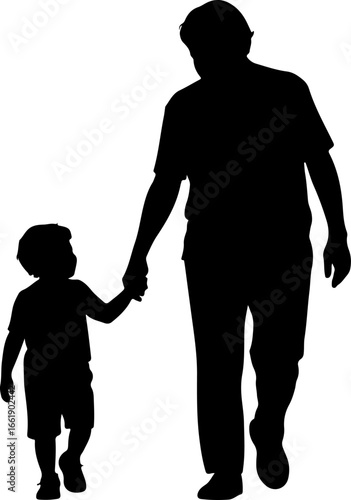 A tender silhouette of a grandparent and grandchild walking hand-in-hand, side by side 