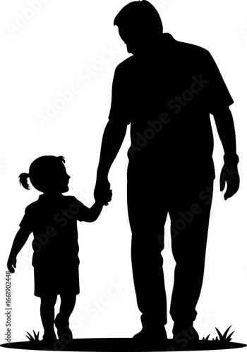 A tender silhouette of a grandparent and grandchild walking hand-in-hand, side by side 