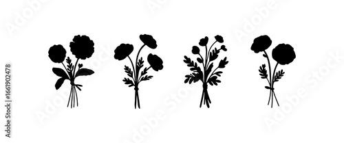 Silhouettes of various flower arrangements showcasing elegant botanical designs against a white background