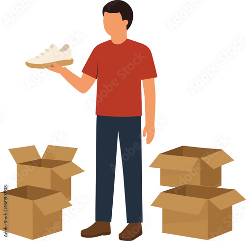 Man holding a shoe with cardboard boxes around him.