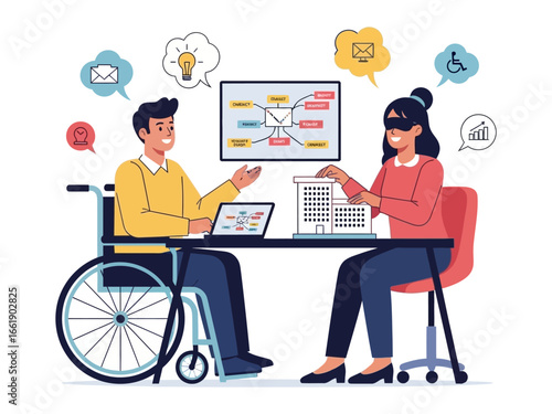 Inclusive collaboration: Illustrates two diverse professionals with disabilities, one using a wheelchair, the other visually impaired, engaging in a collaborative workspace.