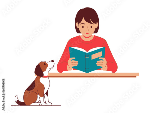 Literary Companion: A woman reads a book with her faithful dog by her side, enjoying peaceful moment.
