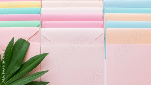 Pastel Colored Envelopes with Green Leaf, Abstract Flat Lay Composition.