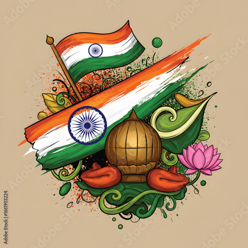 Artistic illustration featuring the Indian flag, a temple dome, and floral elements.